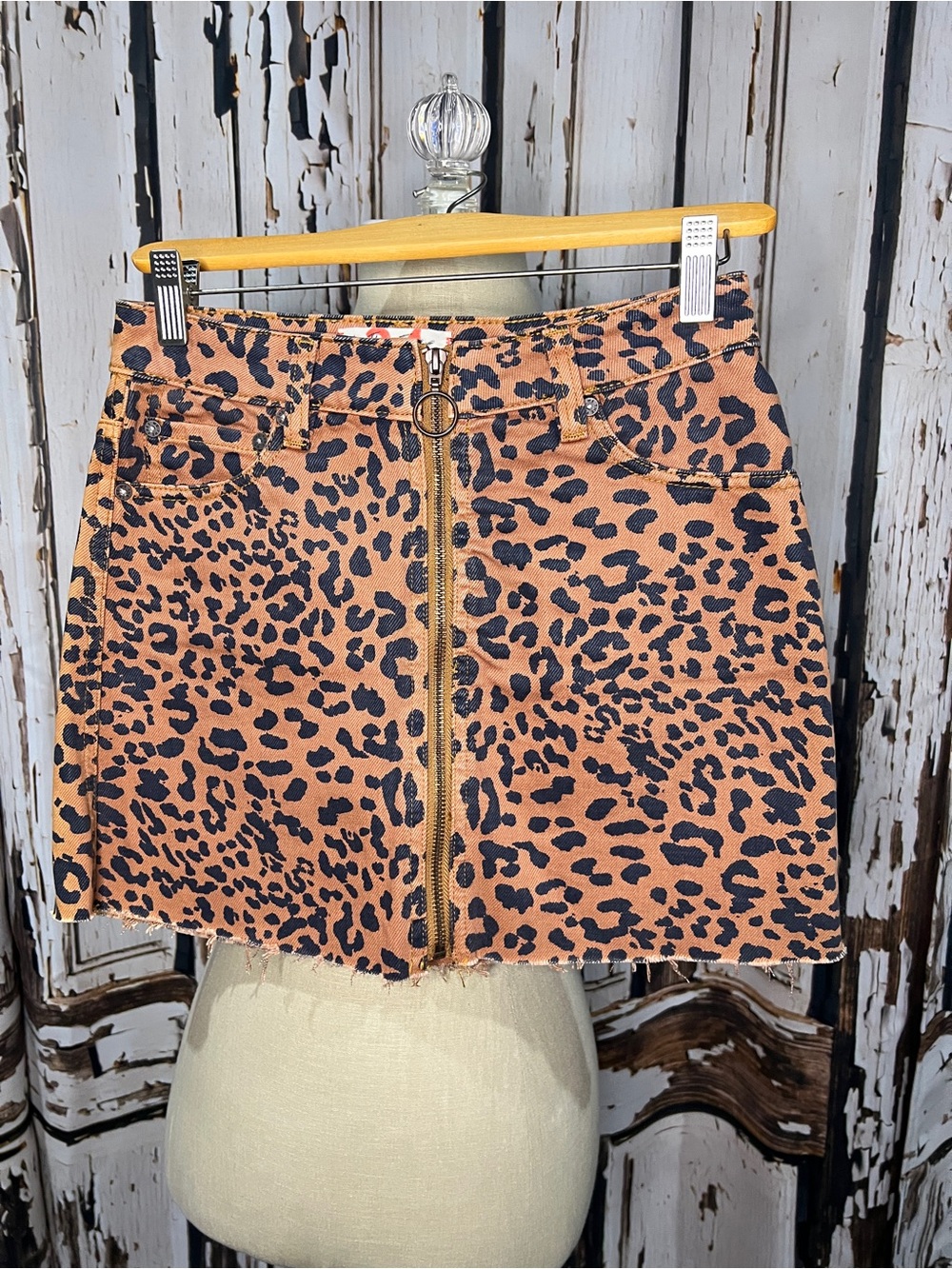 Leopard Print Free People Denim Zip-Front Mini Skirt - Tan/Black